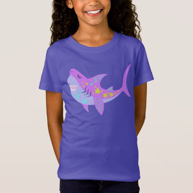 T-Shirt Requin souriant mignon Kawaii en bleu et violet (Devant)