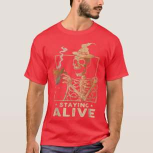 T-shirt Rester Vivant Drôle Squelette Boire Café Heureux