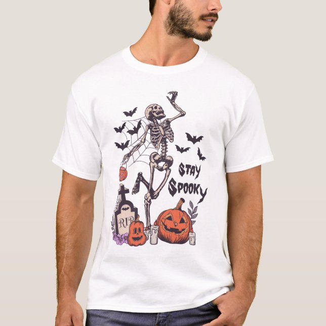 T-shirt Restez Éffrayant Halloween Skeleton Spider Bat Cit (Devant)