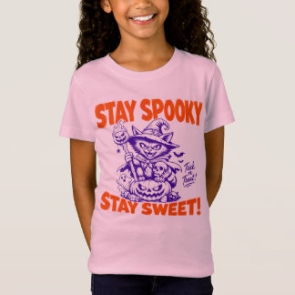 T-Shirt Restez effrayant, restez doux Rétro Sorcière Chat