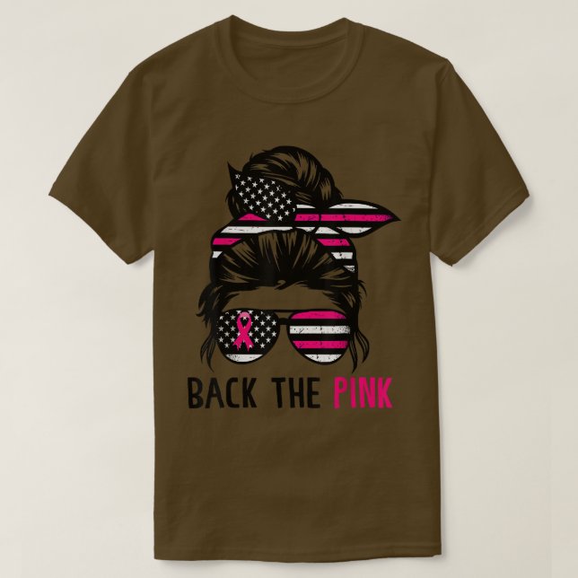T-shirt Retour au ruban rose Messy Bun American Flag Breas (Design devant)