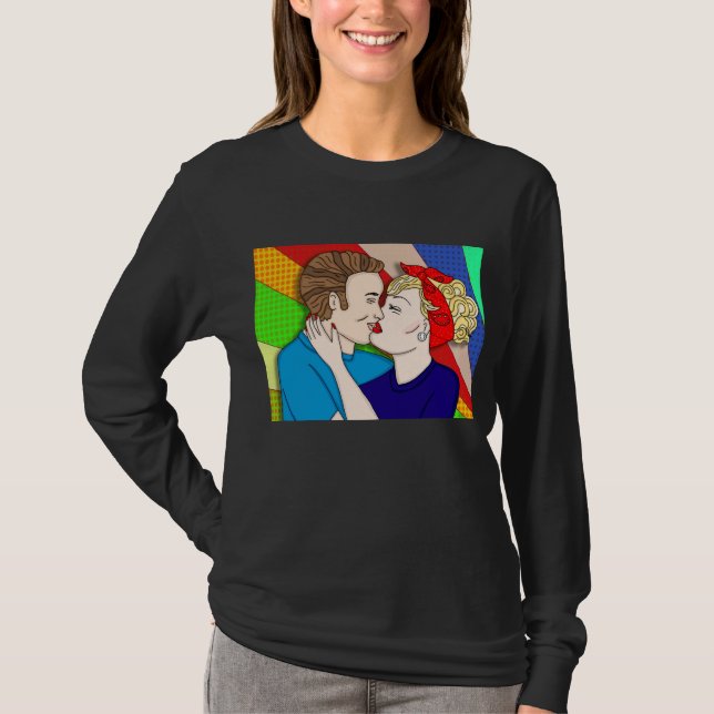 T-shirt Retro 1950 Pop Art Style Couple Kissing (Devant)