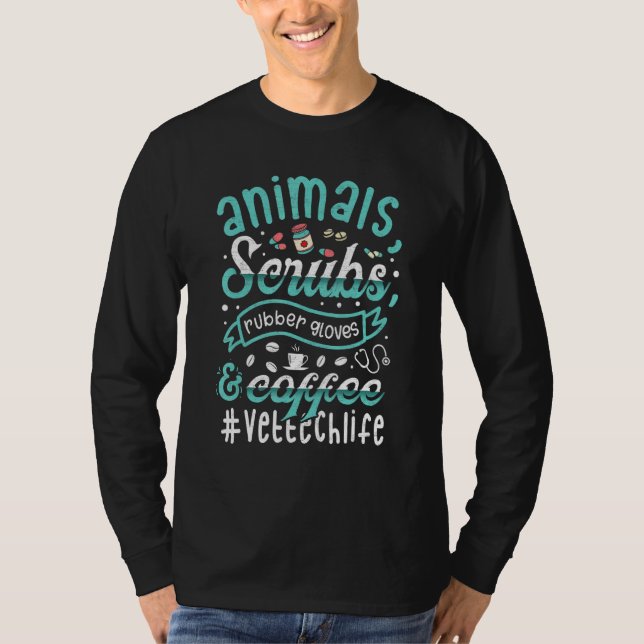 T-shirt Retro Animals Scrubs Rubber Gloves And Coffee Vet  (Devant)