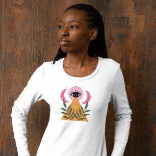 T-Shirt rétro boho lune œil moderne rose jaune