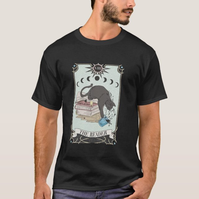 T-shirt Retro Cat Livres Le Lecteur Carte Tarot Halloween  (Devant)