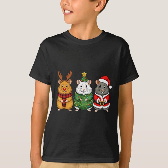 T-shirt Retro Christmas Hamster Santa Reindeer  (Devant)