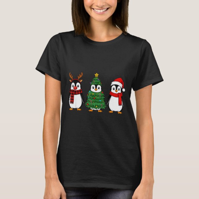 T-shirt Retro Christmas Penguin Santa Reindeer  (Devant)