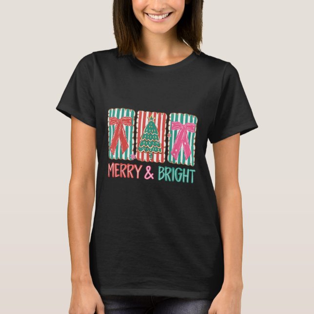 T-shirt Retro Coquette Bow Joyeux Et Arbre De Noël Lumineu (Devant)
