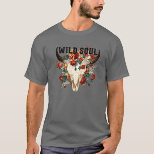 T-shirt Retro Floral Bull Skull Wild Soul Hippie Western C
