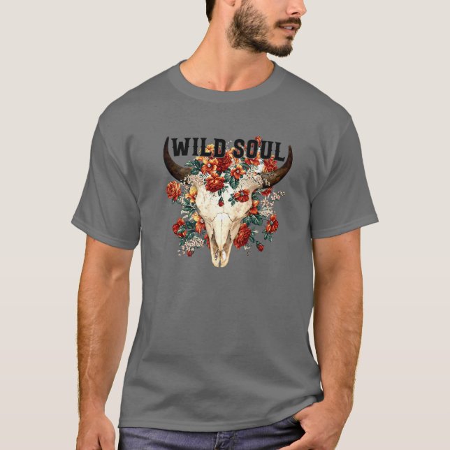 T-shirt Retro Floral Bull Skull Wild Soul Hippie Western C (Devant)