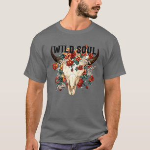 T-shirt Retro Floral Bull Skull Wild Soul Hippie Western C