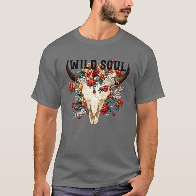 T-shirt Retro Floral Bull Skull Wild Soul Hippie Western C (Devant)