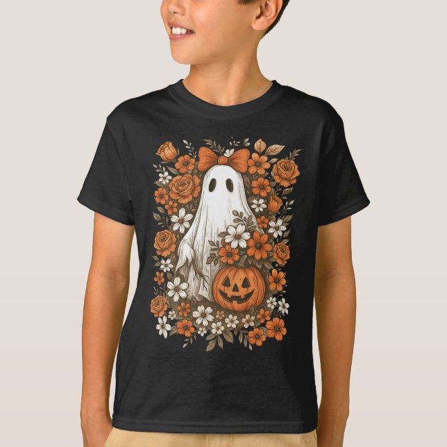 T-shirt Retro Floral Ghost mignon Citrouille Automne Hallo (Devant)