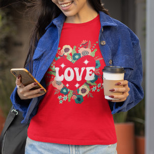 T-shirt Retro Floral Heart Love Red Valentine's Day