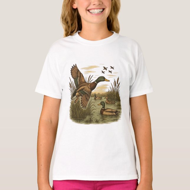 T-shirt Retro-Flying-Mallard-Duck-Hunting,  (Devant)