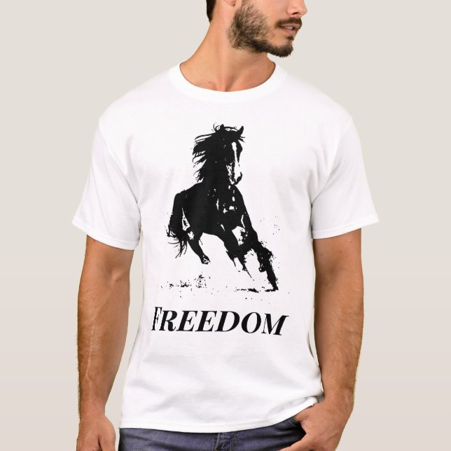 T-shirt Retro Freedom Black White Pop Art Runse Horse (Devant)