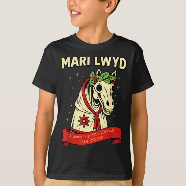 T-shirt Retro Funny Folklore Skeleton Horse Mari Lwyd Yule (Devant)