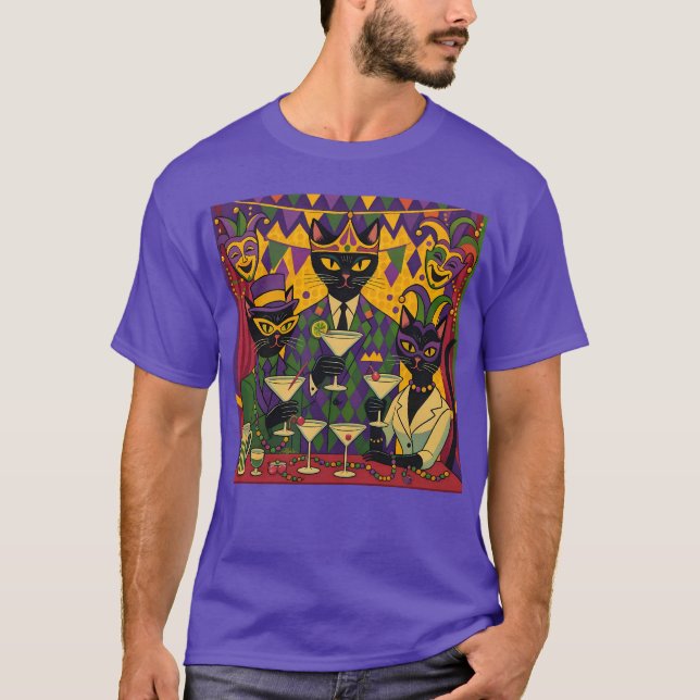 T-shirt Retro Futuristic Mardi Gras Black Cat Martini Club (Devant)