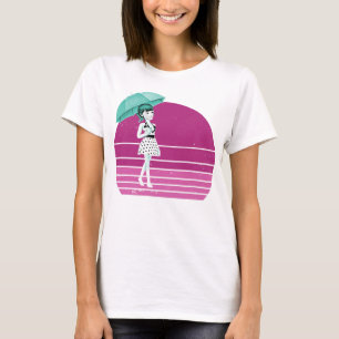 T-shirt Retro Girl avec parapluie et coucher de soleil vin