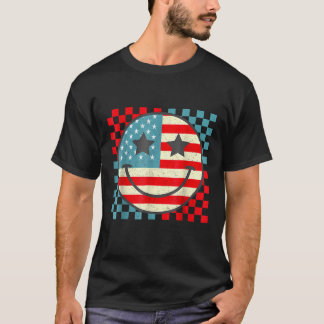 T-shirt Retro Groovy Fourth 4th Of July Smile Checkered Wo