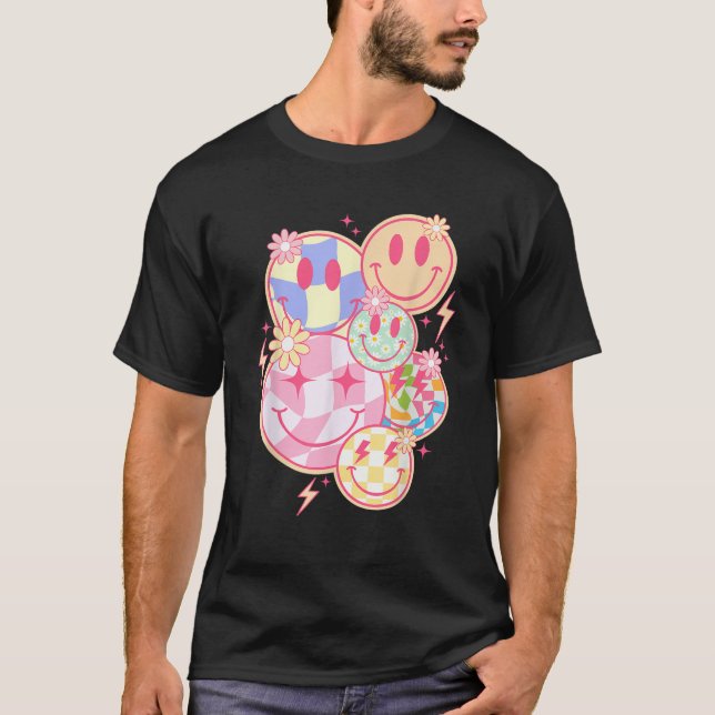 T-shirt Retro Groovy Smile Face Flower Happy Face Checkere (Devant)