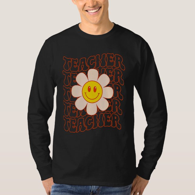 T-shirt Retro Groovy Teacher Happy Face Cute Daisy Flower  (Devant)