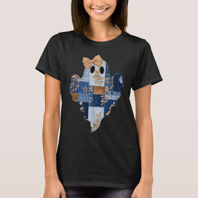 T-shirt Retro Halloween Blue Denim Patchwork Ghost Boo Coq (Devant)