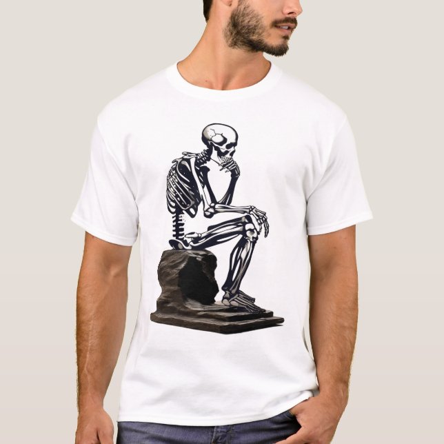 T-shirt Rétro Halloween "le penseur" squelette Chef-d'oeuv (Devant)