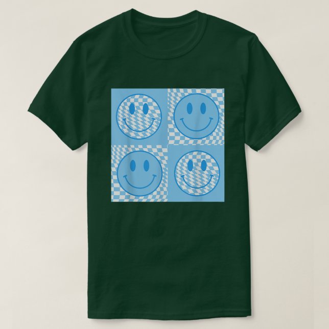 T-shirt Retro Happy Face À damiers Blue Smile Face tendanc (Design devant)