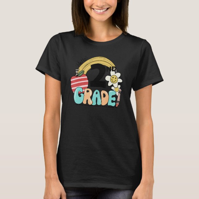 T-shirt Retro Hello 2nd Grade Floral Rainbow Second Grade  (Devant)