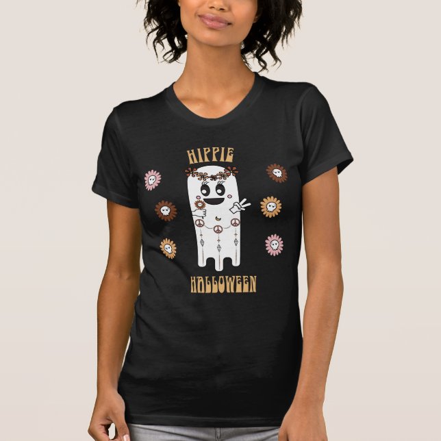 T-shirt Retro Hippie Halloween Ghost & Flower Skulls (Devant)