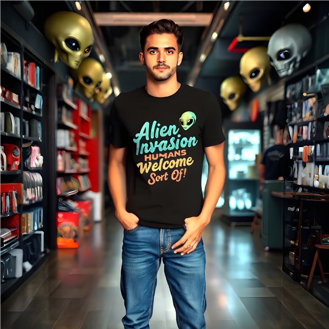 T-shirt Rétro "Invasion Alien - Humains Bienvenue... une s (Funny Retro Alien Invasion Black T-Shirt)