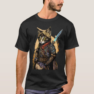 T-shirt Rétro Japonais Samurai Chat Bushido Warrior épée V