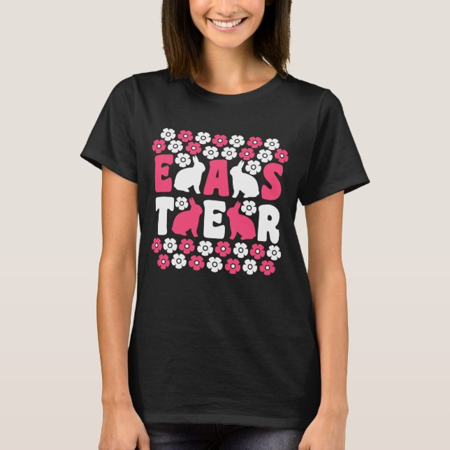 T-shirt Retro Lapin Lapin Floral Lapin Black Femmes Pâques (Devant)