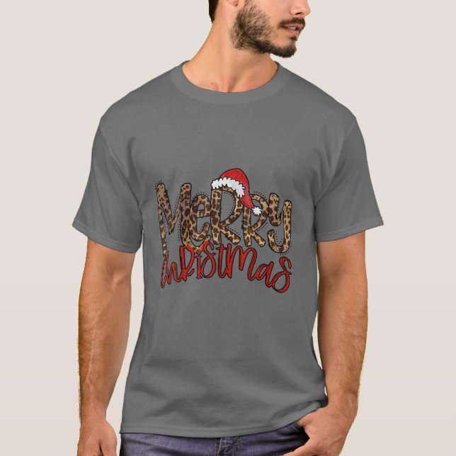 T-shirt Retro Leopard Joyeux Noël Santa Hat Funny Noël (Devant)