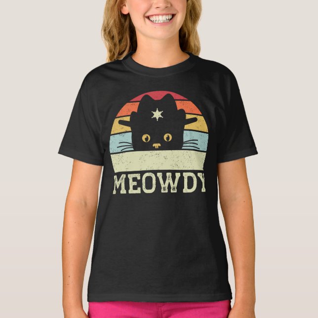 T-shirt Retro Meowdy Chat Mème Drôle Cowboy Chat Casquette (Devant)
