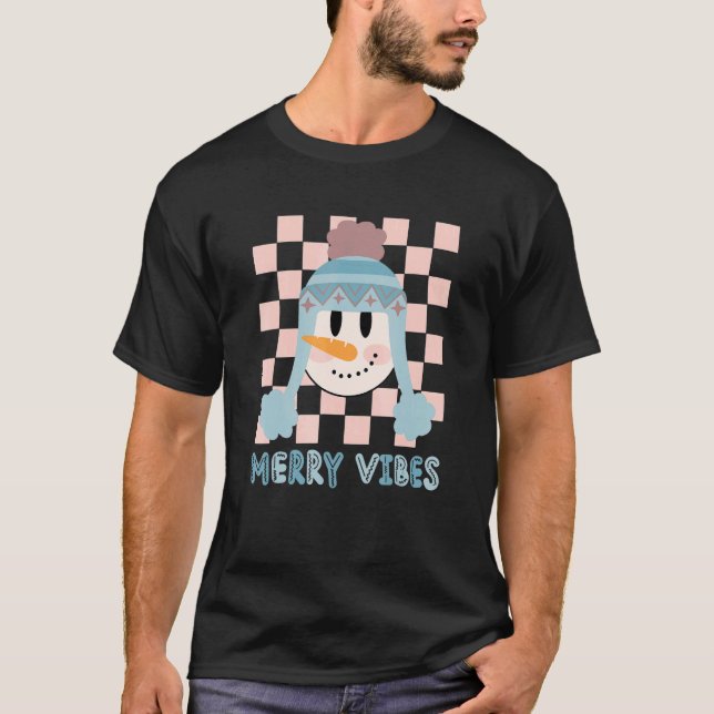 T-shirt Retro Merry Vibes Noël Snowman Super Happy H (Devant)