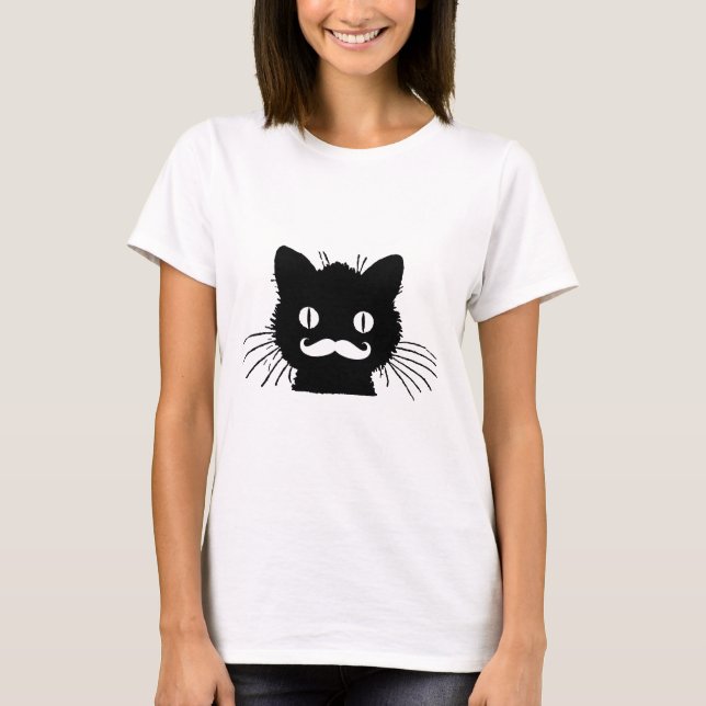 T-SHIRT RÉTRO MOUSTACHE DRÔLE SUR KITTY NOIR (Devant)