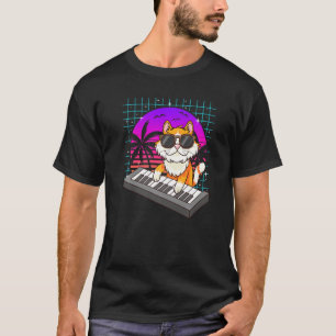 T-shirt Retro Music Synthétiseurs de chats Clavier Été Fem