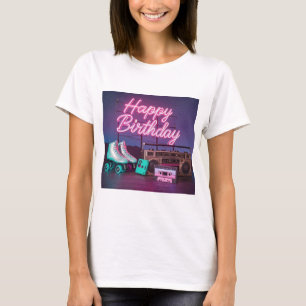 T-shirt Retro neon Joyeux Anniversaire signe en rose et tu