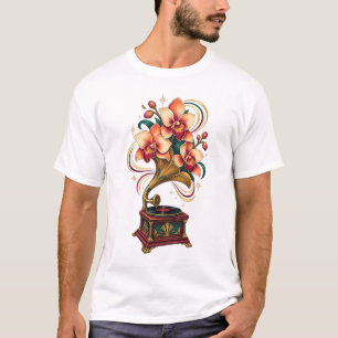 T-Shirt Rétro Orchidée Gramophone au Clair de Lune
