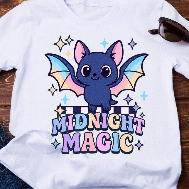 T-shirt Retro Pastelcore Cute Halloween Bat & Checkerboard (The midnight magic kawaii bat design shines with retro pastel charm.)