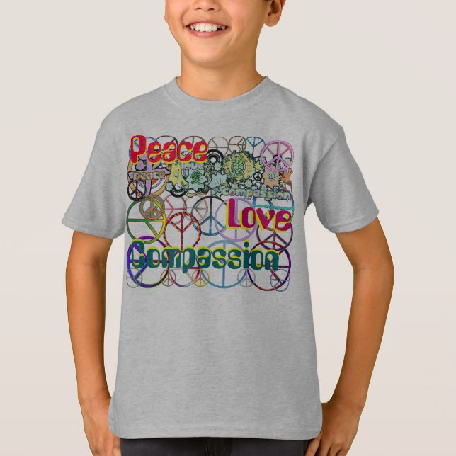 T-shirt Retro Peace Love Compassion (Devant)