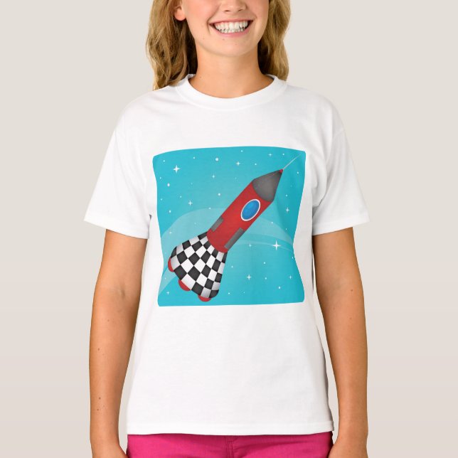 T-shirt Retro Red Rocket Ship in Space Galactic (Devant)