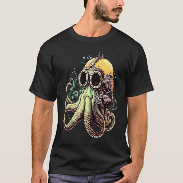 T-shirt Retro Scuba Diver Weird Octopus Design Octopus Hel (Devant)