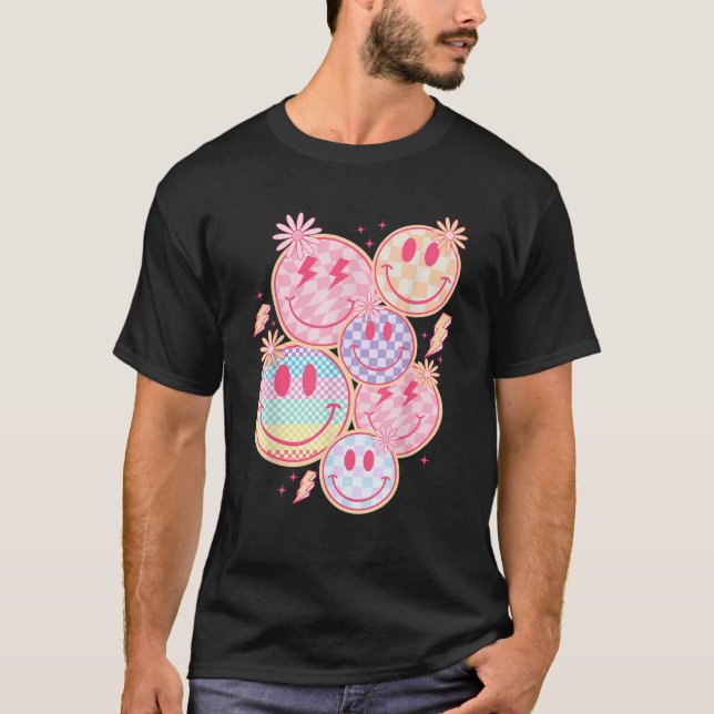 T-shirt Retro Smile Face Flower Happy Face Checkered Patte (Devant)