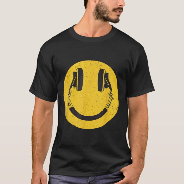 T-shirt Retro Smile Music Face Casques 90s Hommes Femmes K (Devant)