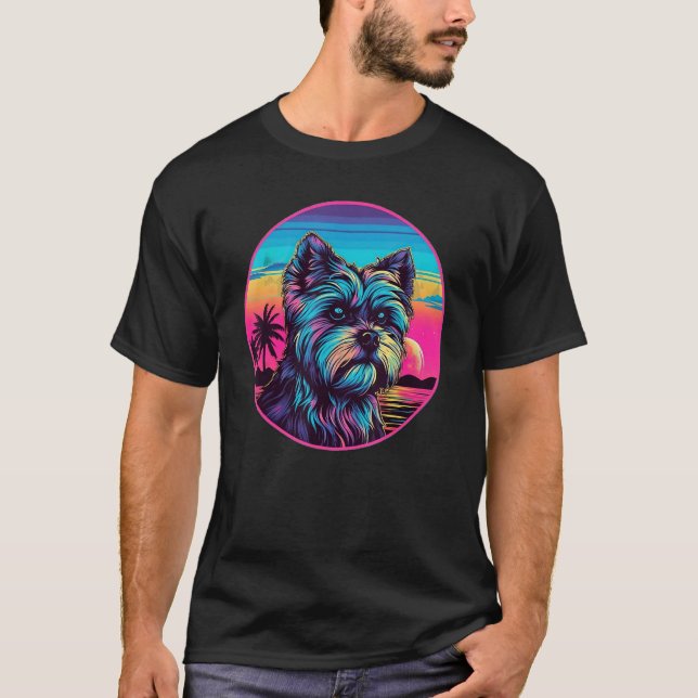 T-shirt Retro Sunset Yorkie Dog (Devant)