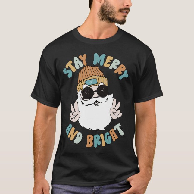 T-shirt Retro Super Noël Joyeux Restez lumineux Père Noël  (Devant)