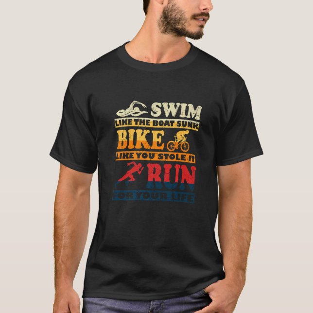 T-shirt Retro Swim Bike Run Triathlon Athletic Sport Men W (Devant)